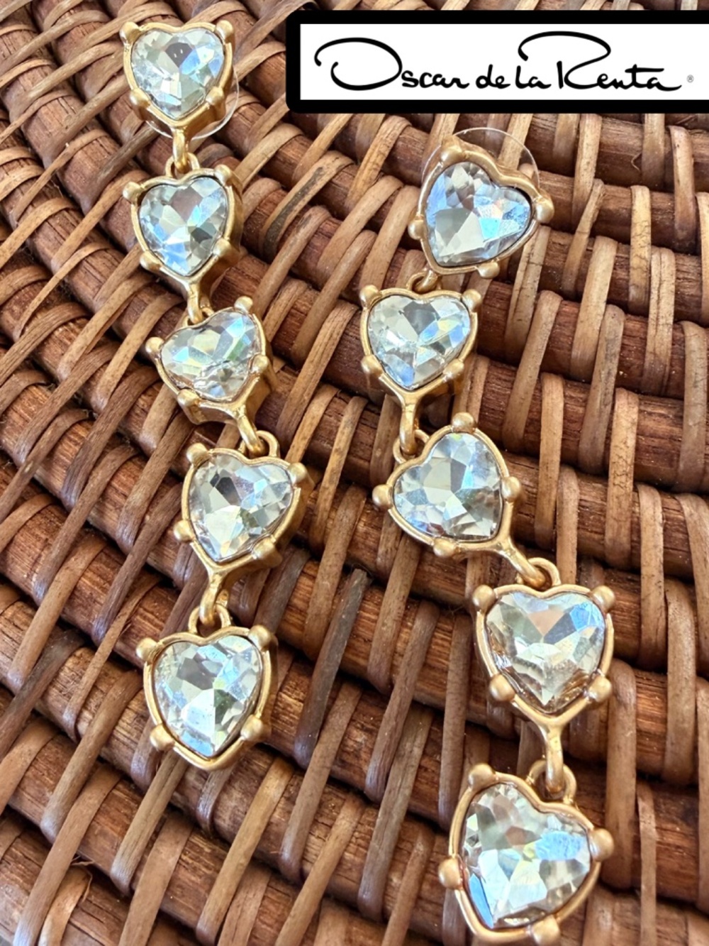 Oscar de la Renta Earrings  💛 Sparkling Crystal Hearts✨Dangle Drop Pierced/Post
